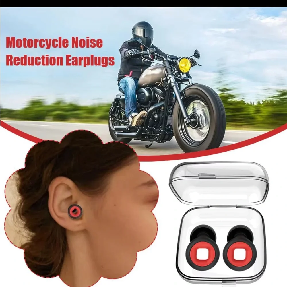 Noise Reducing Earplugs Sleek Black W/Red Soundproof for Motorcycle Study Work
